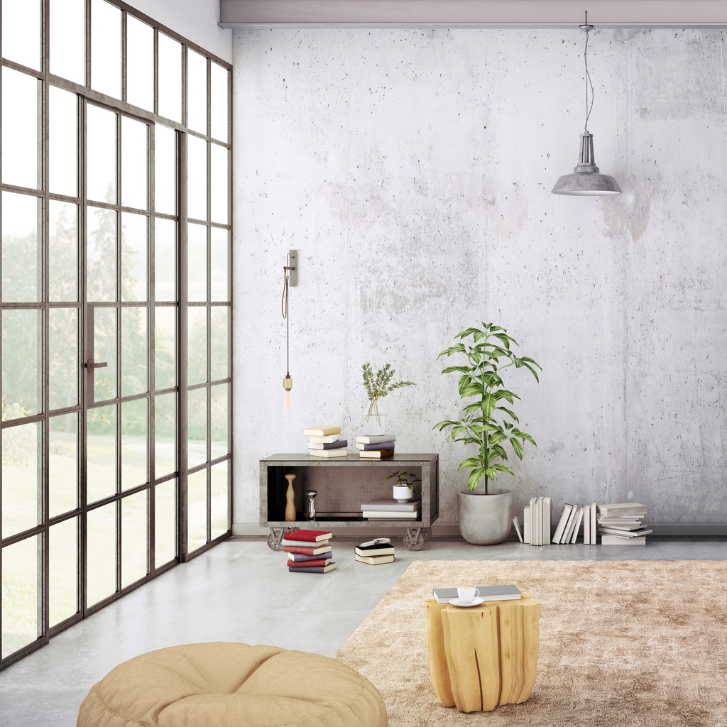 Modern interior, with shelf, vase with a plant, lamps, and many details around. Many books and decoration, wall is rich in texture. Copy space background template render